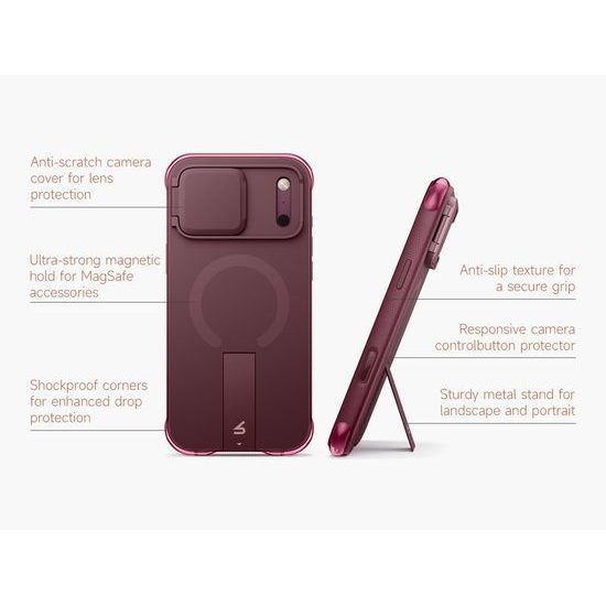 Husă Suritch AirBounce Bumper MagSafe Kickstand CamProtector, iPhone 17 Pro Max / 18 Pro Max, vișiniu
