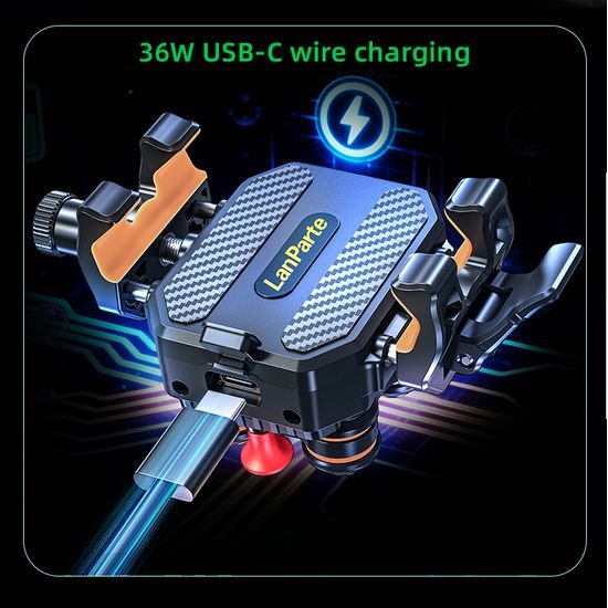 LanParte LPT01-E Suport telefon pentru motocicletă cu încărcare wireless și amortizare vibrații