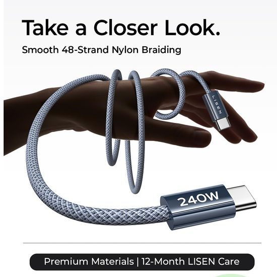 Lisen Καλώδιο Δεδομένων USB-C - USB-C, 240W, 2 m, 2 τεμάχια, μπλε