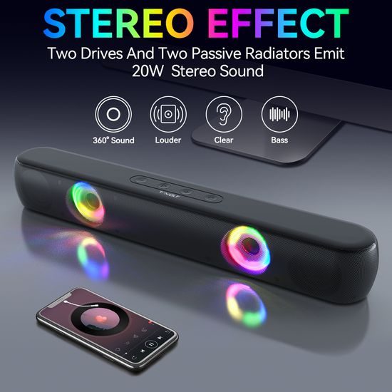 T-WOLF BT320 RGB Soundbar für PC und Gaming - Stereo Lautsprecher mit Bluetooth 5.0 - 7 RGB Beleuchtungsmodi
