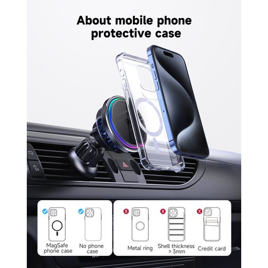 Kühlender MagSafe Qi2 Halter mit kabellosem Laden für Autolüftung, mit RGB wählbarer Beleuchtung, 15W, rund, schwarz