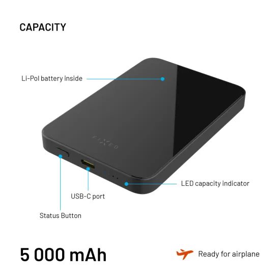 FIXED MagZen 5 Crystal powerbank vezeték nélküli Qi2 töltéssel és MagSafe támogatással, 5 000 mAh, fekete