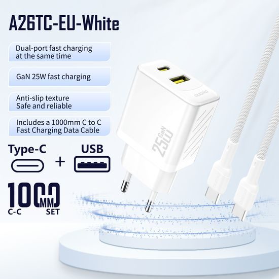 Dudao A26TCEU nabíječka USB-A + USB-C s USB-C kabelem, PD QC 25W GaN, bílá