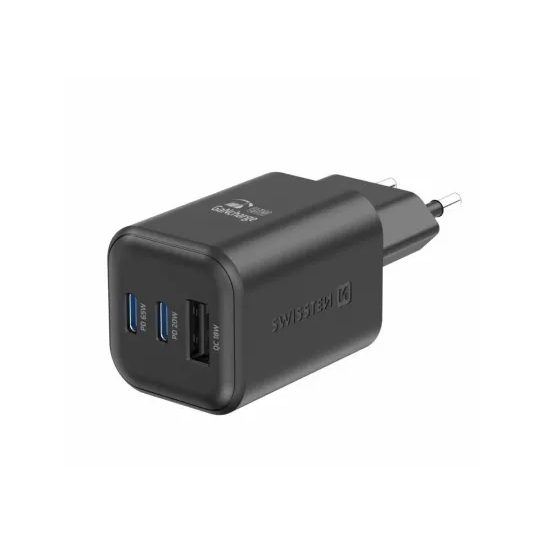 Swissten Δικτυακός Προσαρμογέας GaN 2x USB-C 65W PD και 1x USB-A 18W QC, μαύρος
