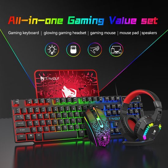 T-WOLF TF880 RGB Gaming Set 5in1 (Tastatur, Maus, Headset, Mauspad + Lautsprecher)