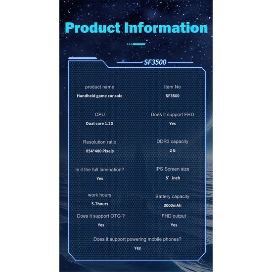 SF3500 Přenosná herní konzole s 5″ IPS displejem, 3000 mAh a TV výstupem