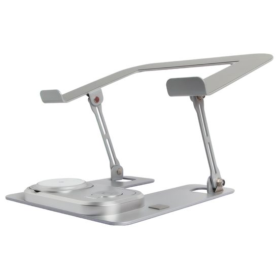 Premium Aluminium Laptop Ständer mit kabelloser 4-in-1 Ladestation - Ergonomischer Notebook Halter mit Wireless Charging für Smartphone, Smartwatch und Earbuds - Silber
