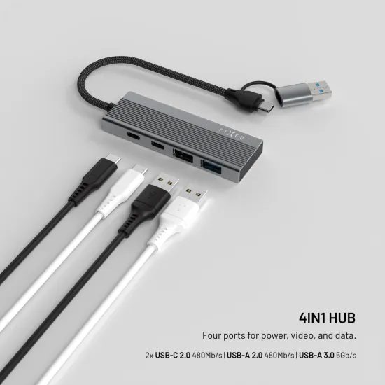FIXED HUB Port alumínium USB-C elosztó, 4 port, USB-A adapterrel, űrszürke