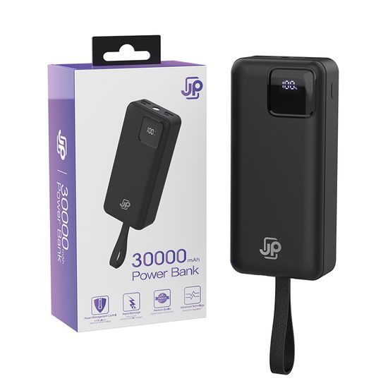 JP Powerbank z dvema vgrajenima kabloma, 30000 mAh, USB-C + Lightning, z LED lučko, PD 22,5W, črna