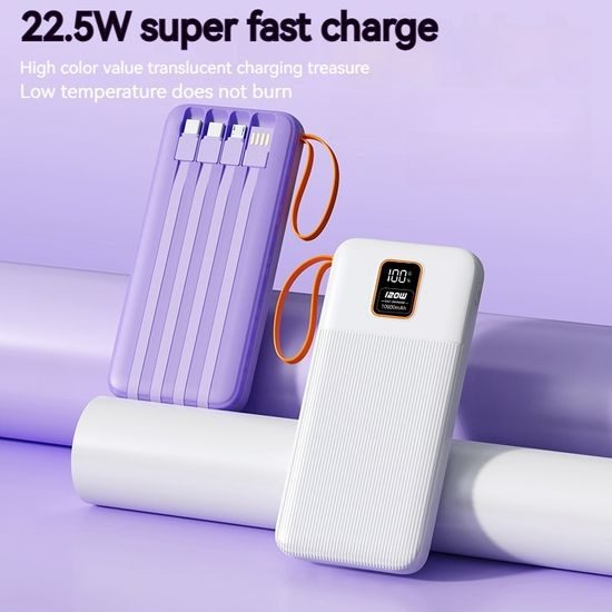 Powerbank 20000mAh mit 4 integrierten Kabeln, 2x USB-A, 1x USB-C, PD 22,5W, QC 3.0, LED Display - Lila