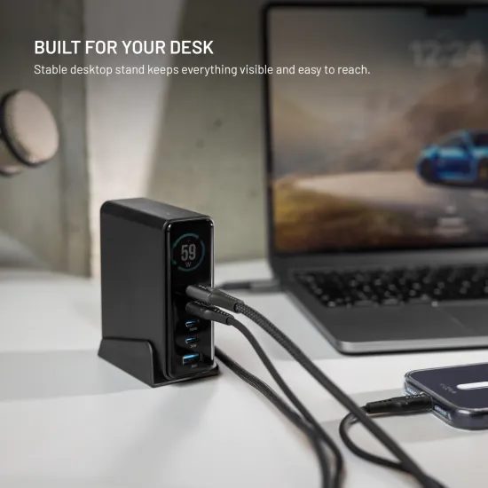 FIXED GaN dokkoló töltőállomás kijelzővel, 4x USB-C + USB, PD 3.2, 140W, fekete