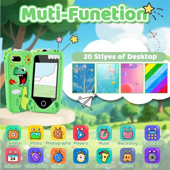 Έξυπνο τηλέφωνο για παιδιά με παιχνίδια, MP3, διπλή κάμερα και οθόνη αφής, πράσινος δεινόσαυρος