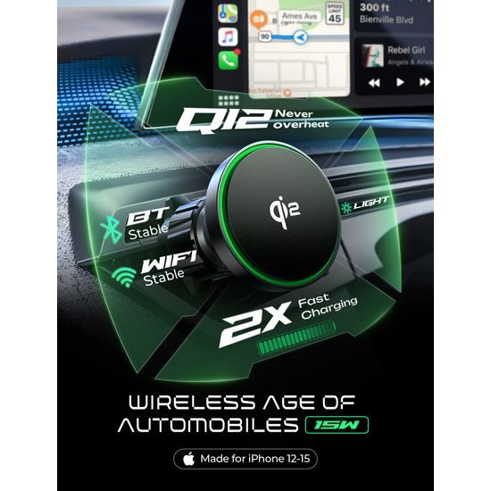 Βάση MagSafe Qi2 με ασύρματη φόρτιση για αεραγωγό αυτοκινήτου, με RGB φωτισμό, 15W, ABS, μαύρη