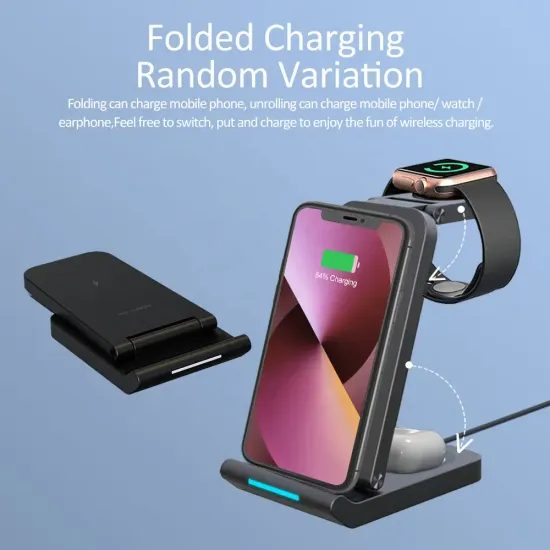 Caricabatterie wireless pieghevole 3in1, Qi, PD, QC3.0, 15W, nero