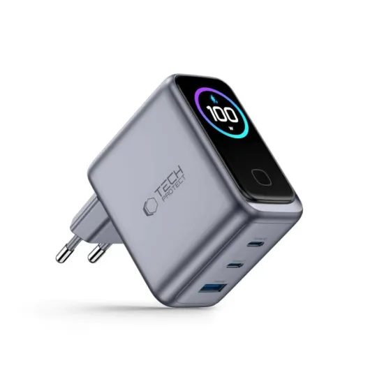 Tech-Protect Powervision NC100W-GAN 3portová nabíjačka, PD 100 W / QC 3.0, sivá