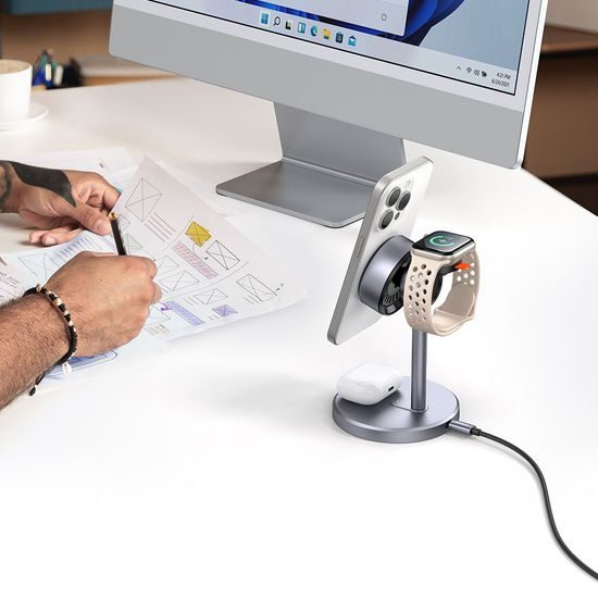 Mcdodo Kabellose Ladestation 3-in-1 (CH-2460) für Apple - 22,5W Qi2 Wireless Charger mit magnetischer Halterung - Grau