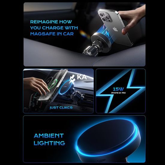 Lisen Magnetische KFZ-Halterung mit kabellosem Laden für Smartphone - 15W Wireless Charging - Schwarz