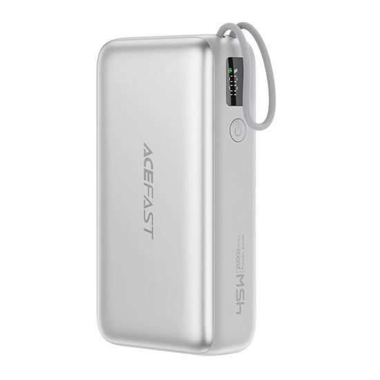 Acefast Powerbank (M34) 20.000 mAh - met Uitschuifbare USB-C Kabel - PD45W Snelladen - Zilver