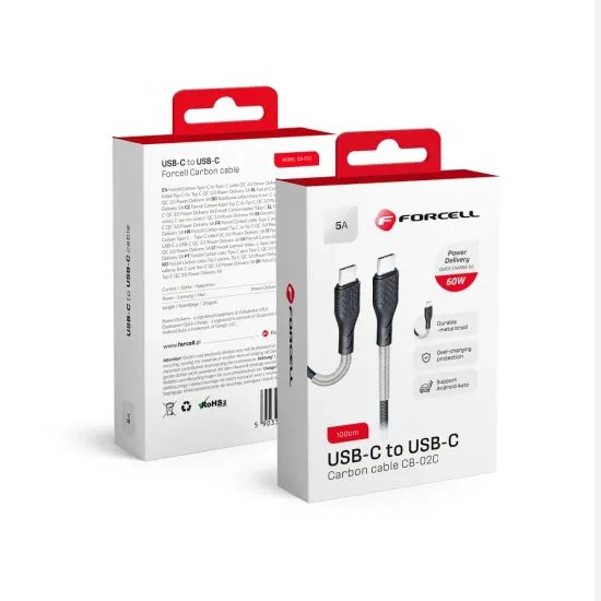 Forcell Carbon καλώδιο, USB-C - USB-C, 3.0 QC, Power Delivery PD60W, CB-02C, μαύρο, 1 μέτρο