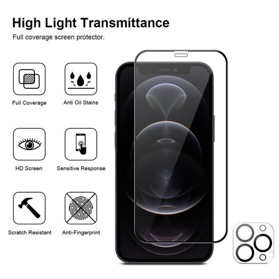 JP Πλήρες Πακέτο Προστατευτικών Γυαλιών, 2x 3D γυαλί με εφαρμογέα + 2x γυαλί για φακό, iPhone 12 Pro MAX