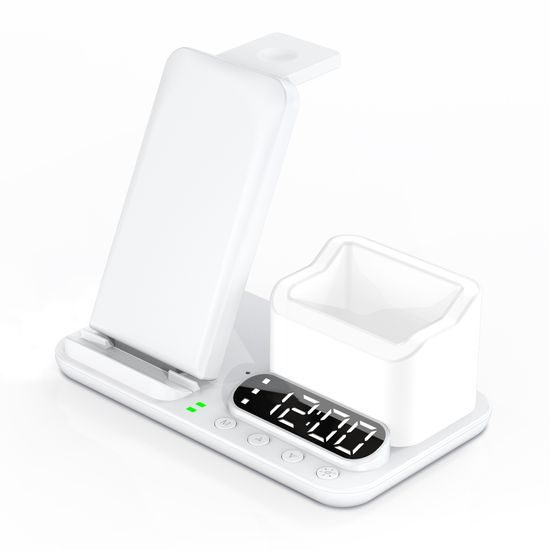 DeskCharge Station Pro Πολυλειτουργικός σταθμός ασύρματης φόρτισης 5 σε 1 με ρολόι και οργανωτή, λευκό