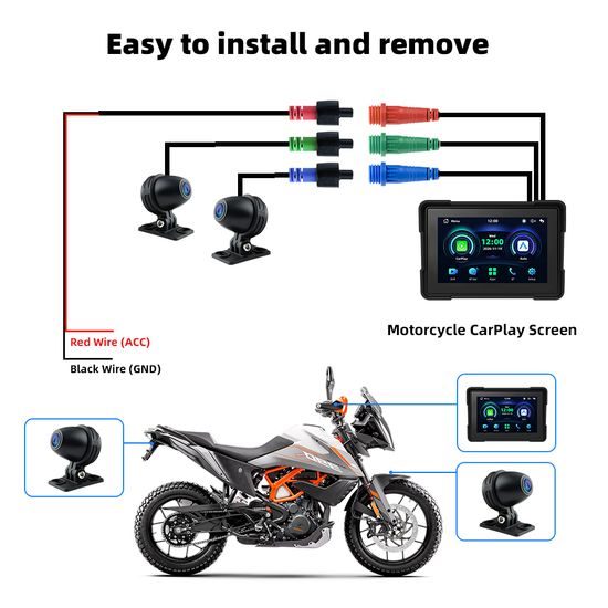 5" Motorfiets Display met Draadloze Apple CarPlay, Android Auto + DVR Camera's