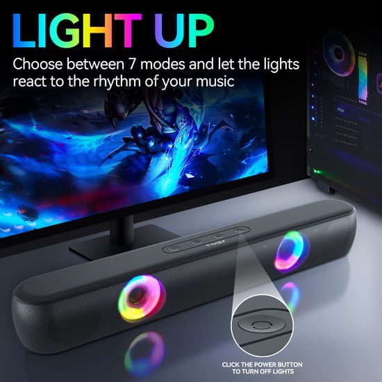 T-WOLF BT320 RGB Soundbar für PC und Gaming - Stereo Lautsprecher mit Bluetooth 5.0 - 7 RGB Beleuchtungsmodi