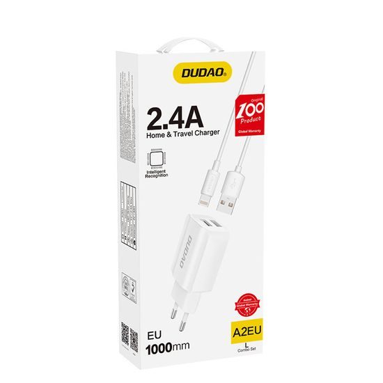 Dudao nabíjačka, 2x USB 5V / 2,4 A + Lightning kábel, biela (A2EU + Lightning, biela)