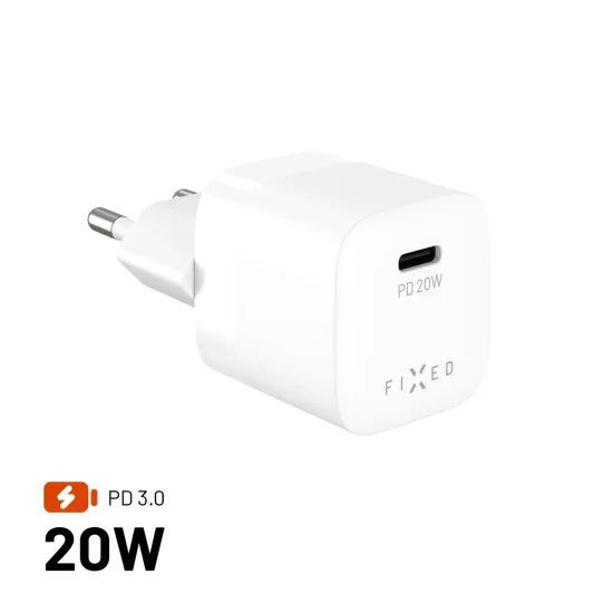 FIXED Mini USB-C hálózati töltő, PD 20W, fehér