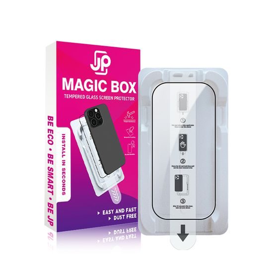 JP Magic Box 5D Σκληρυμένο γυαλί με εύκολη εφαρμογή, iPhone 16 Pro / 17, μαύρο