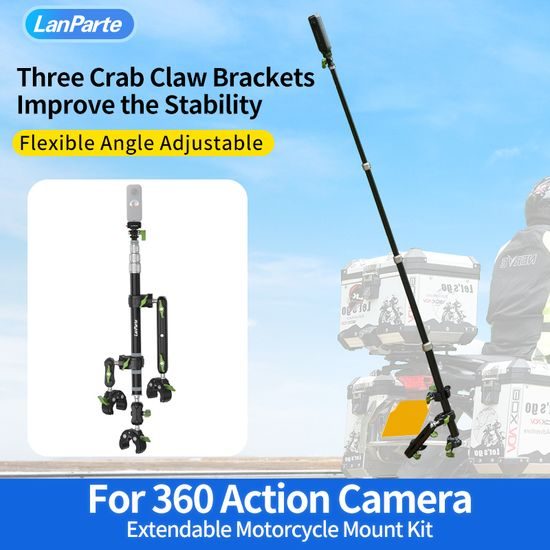LanParte PMH-C3 supporto telescopico per fotocamere 360° e action cam per moto, 1,5 m, fissaggio a 3 punti, sistema a sgancio rapido