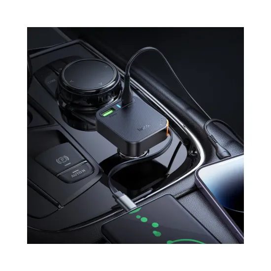 Hoco φορτιστής αυτοκινήτου με συρόμενο καλώδιο 2x USB-C + USB-A, QC, PD, 65W, μαύρο