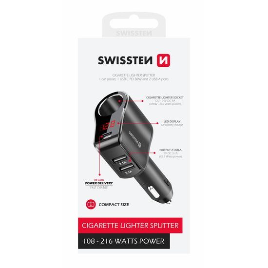 Swissten Autolader met 1x CL, 1x USB-C PD en 2x USB-A - 108W - 216W