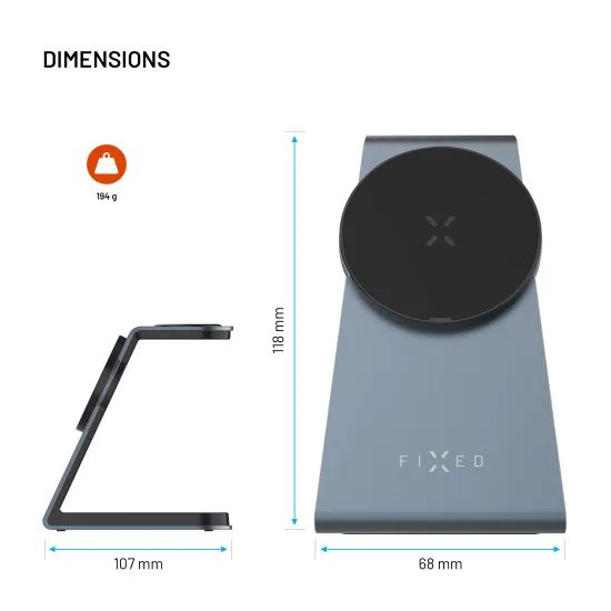 3 az 1-ben vezeték nélküli töltőállvány FIXED MagPowerstation Alu MagSafe támogatással, 15W+3.5W+2.5W, űrszürke