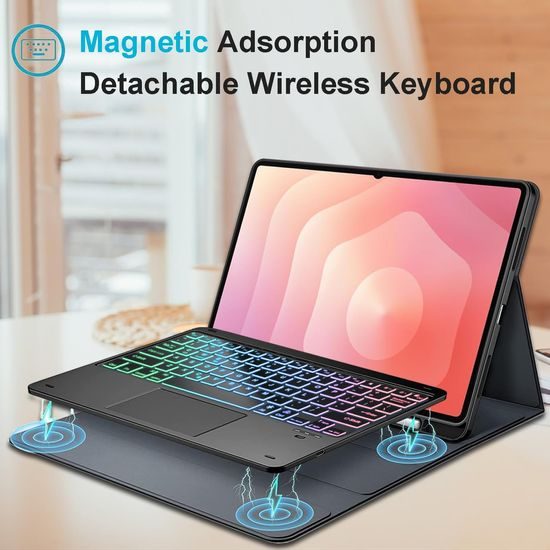 JP Magnetische Schutzhülle mit Bluetooth-Tastatur, Touchpad, Beleuchtung und Stylus-Halter für Samsung Galaxy Tab S8 Ultra / S9 Ultra / S10 Ultra - Schwarz