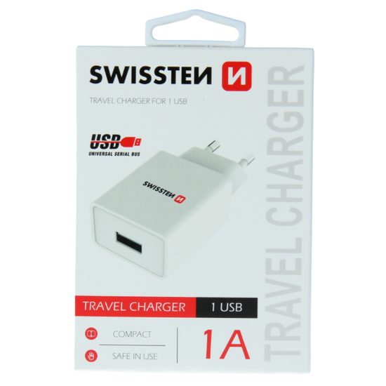 Swissten napajalni adapter smart IC 1x USB, 1 A power, bel