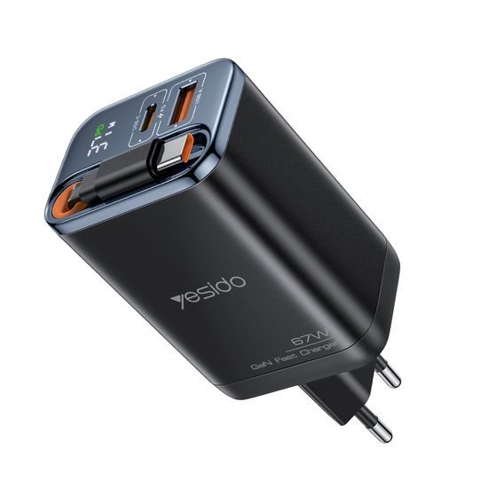 Yesido YC100 USB Ladegerät USB-C & USB-A mit GaN-Technologie 67W + USB-C Kabel 65cm - Schwarz