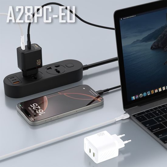 Dudao A28PCEU nabíječka 2x USB-C + kabel USB-C - USB-C, PD 45W GaN, bílá