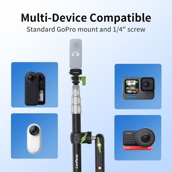 LanParte PMH-C3 supporto telescopico per fotocamere 360° e action cam per moto, 1,5 m, fissaggio a 3 punti, sistema a sgancio rapido