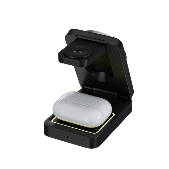 3in1 Magnetisches Kabelloses Ladegerät Faltbar mit LED Nachtlicht - Effiziente Wireless Ladestation für Smartphone, Earbuds und Smartwatch - Grau