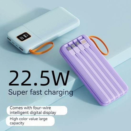Power Bank 20000mAh con 4 cavi integrati, 2x USB-A, 1x USB-C, PD 22,5W, QC 3.0, display LED, nero