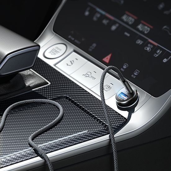 Lisen Autonabíječka USB-A + USB-C s USB-C kabelem, PD 65 W, QC 3.0, 12V–24V, stříbrná