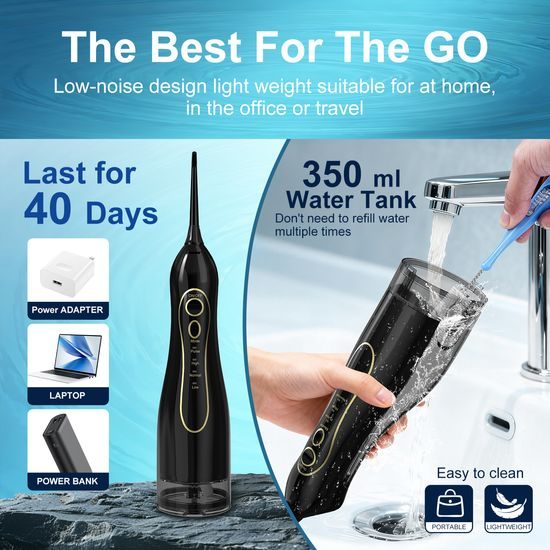 Bezprzewodowy irygator dentystyczny z zestawem końcówek, 4 tryby, zbiornik 300 ml, USB-C, czarny