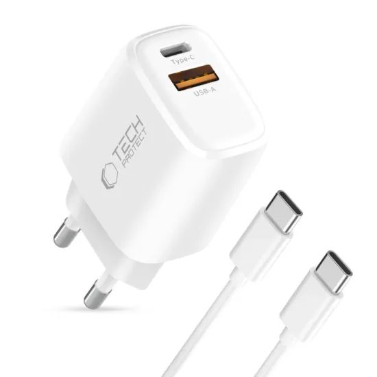 Tech-Protect NCA20 2-portni mrežni punjač PD 20W / QC3.0 + USB-C kabel, bijeli