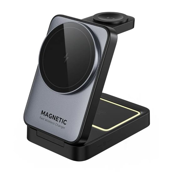 3in1 Magnetisches Kabelloses Ladegerät Faltbar mit LED Nachtlicht - Effiziente Wireless Ladestation für Smartphone, Earbuds und Smartwatch - Grau
