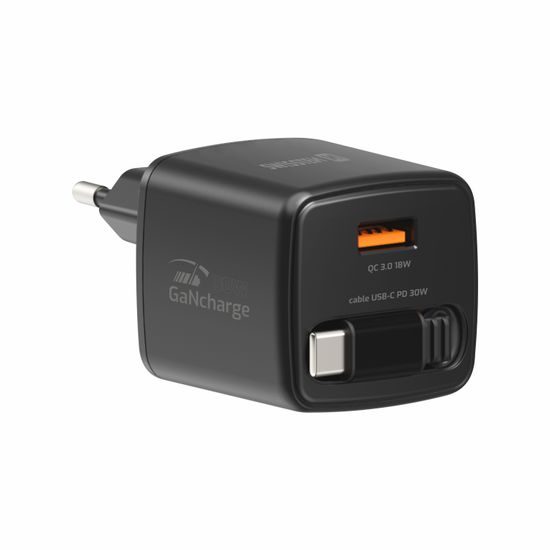 Swissten SlideCharge adapter sisseehitatud väljatõmmatava USB-C kaabliga GaN 30W 1x USB-A 18W – must