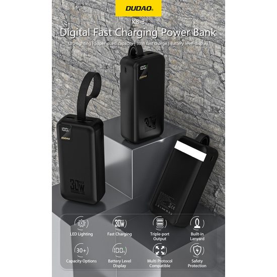 Dudao K8-3 powerbanka 30000mAh 30W – melna