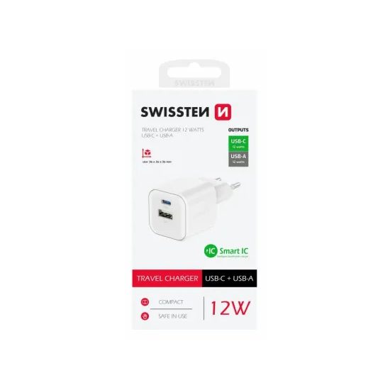 Swissten Síťový adaptér 12W 1x USB-C a 1x USB-A, bílý