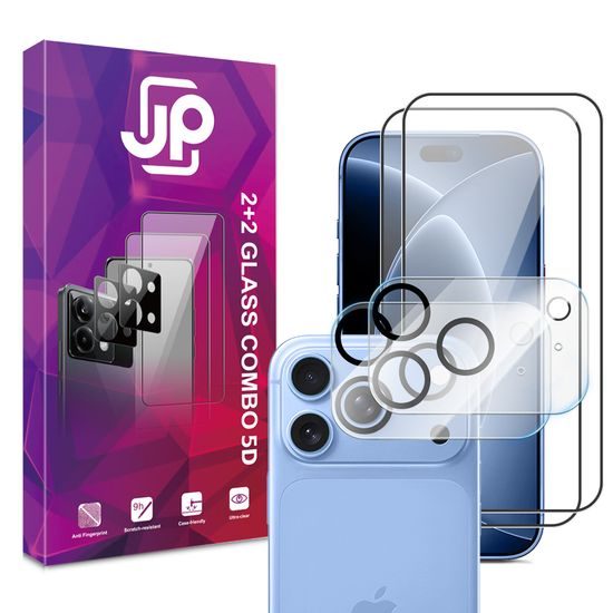 JP 5D Combo pack, Set 2 zaščitnih kaljenih stekel 5D in 2 stekel za fotoaparat, iPhone 18 Pro Max