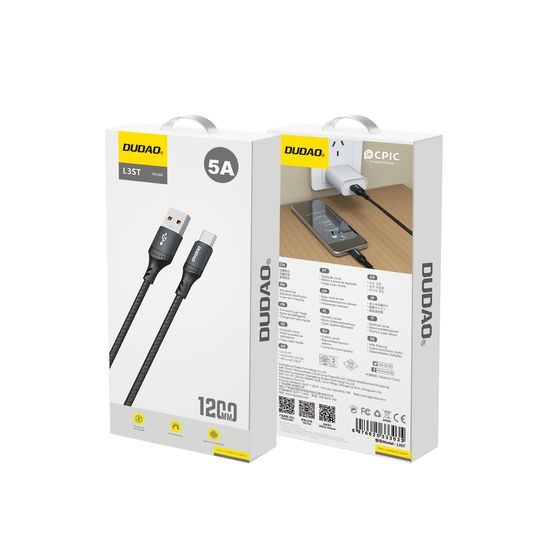 Dudao L3ST kabel USB-A - USB-C, 5A, 1,2 m, črn